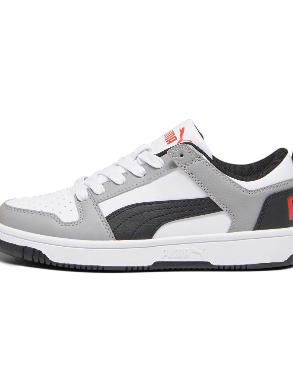 Puma White, Gray & Black Low-Top Sneaker with Red Logo Accent